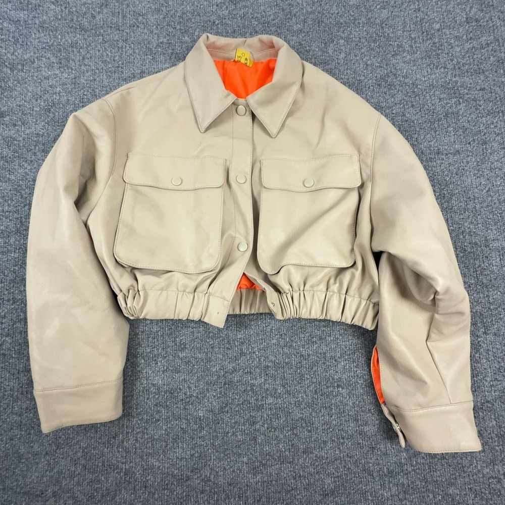 Daisy Jacket Womens Small Beige Faux Leather Cropped Elastic Snap Front Pockets
